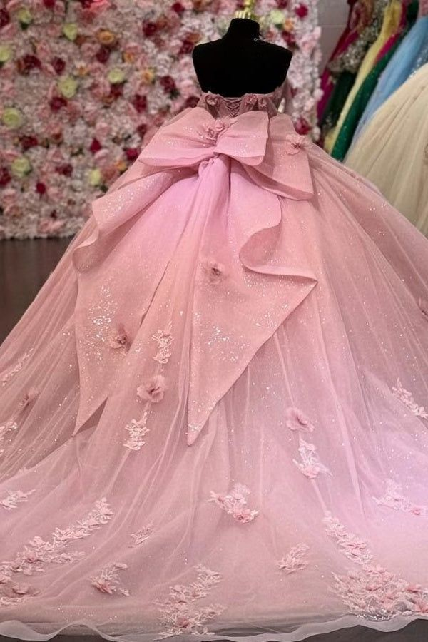 Charming Ball Gown Pink Off Shoulder Sleeveless Pleated 3D Flowers Applique Bow Knot Quinceanera Dress Formal Sweet 16 Dress SP573