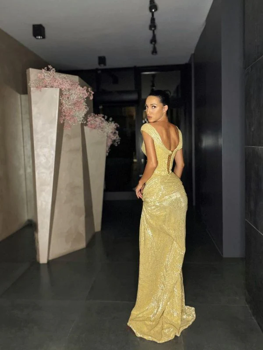 Fashion sleeveless split sequin evening dress Y4279
