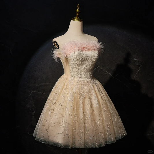 Champagne Tulle A Line Short Homecoming Dress Cute Formal Birthday Outfits Y9536