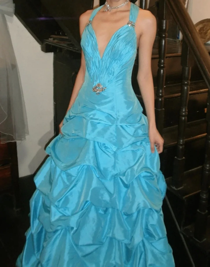 Pretty V-neck Satin Pleated Blue Long Birthday Party Dress Prom Gown SP3835