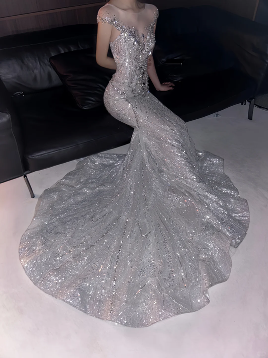 Sparkly Silver Tulle Sequin Mermaid Long Wedding Dress SP4154
