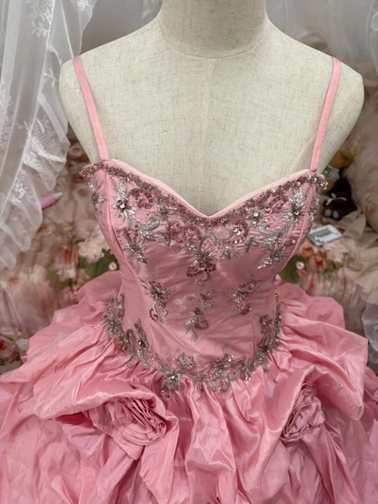 Charming Ball Gown Pink Spaghetti Straps Embroidered Satin Pleated Quinceanera Dress Sweet 16 Dress SP3832