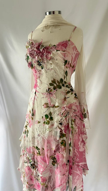Gorgeous Pink Chiffon Print Floral Tiered Evening Dress Pretty Prom Dress Y7760