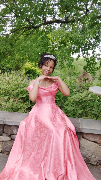 Pretty Off The Shoulder Satin Print Floral Long Party Dress Pink Long Birthday Prom Dress SP4029