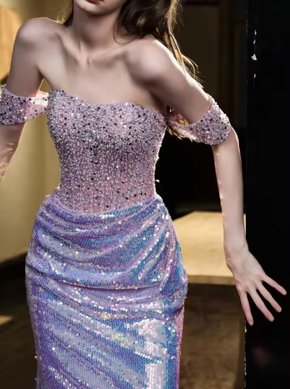 Glitter Off Shoulder Beaded Sequin Mermaid Prom Purple Formal Evening Gown Y8182