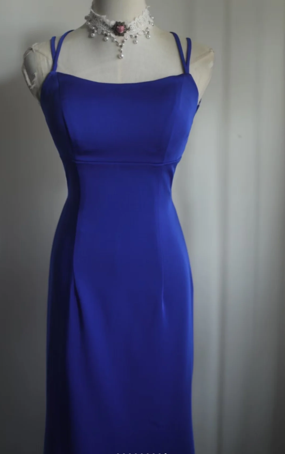 Sexy Spaghetti Straps Royal Blue Backless Satin Long Wedding Guest Dress Party Gown SP753