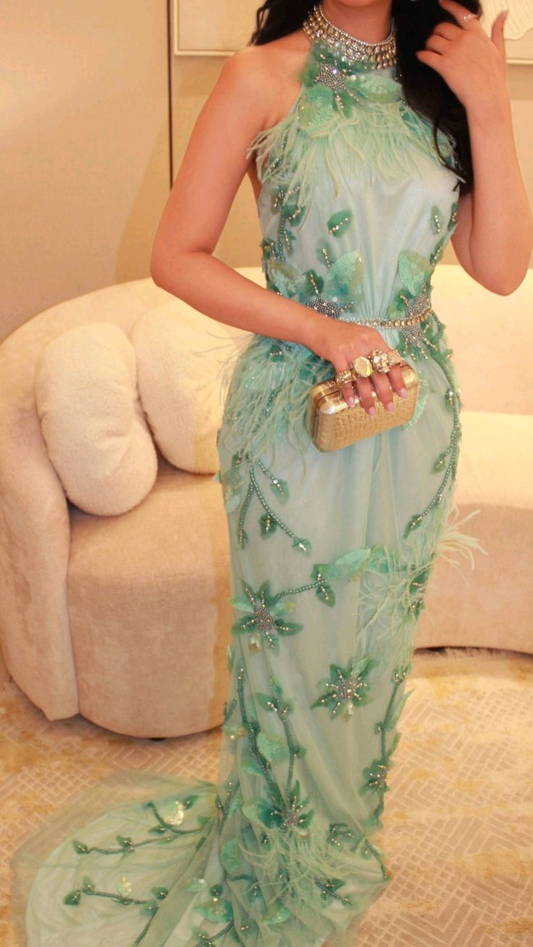 Stylish Green Halter Beaded Floral Feathers Mermaid Evening Dress Long Birthday Outfits SP843