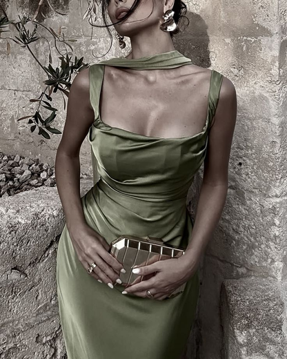 Vintage Olive Green Satin Pleated Mermaid Party Dress Long Wedding Guest Dress SP960