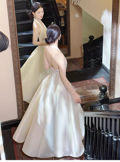 Fashion Halter V Neck Off White Satin A Line Long Wedding Guest Dress Formal Birthday Party Dress SP2013