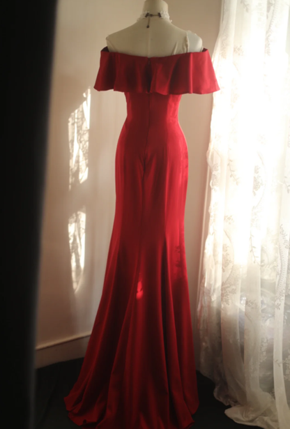Elegant Off The Shoulder Red Satin Mermaid Evening Dress Long Wedding Guest Dress SP668
