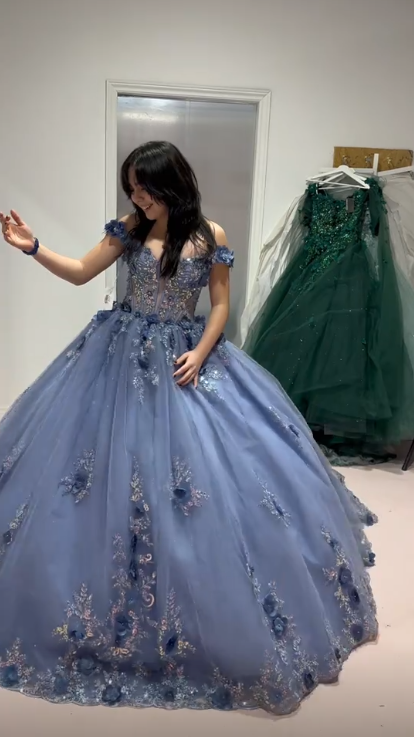 Charming Off The Shoulder Blue Tulle Sequin Floral Quinceanera Dress Sweet 16 Dress SP4286