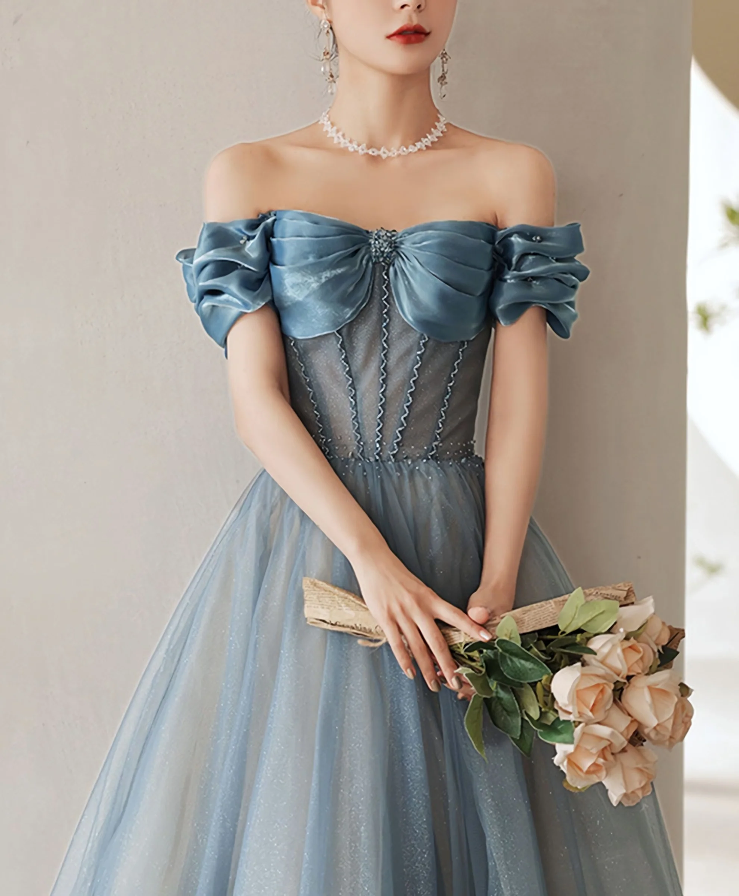 Blue Sweetheart Off Shoulder Tulle Long Prom Dress, Blue Formal Dress Y4255