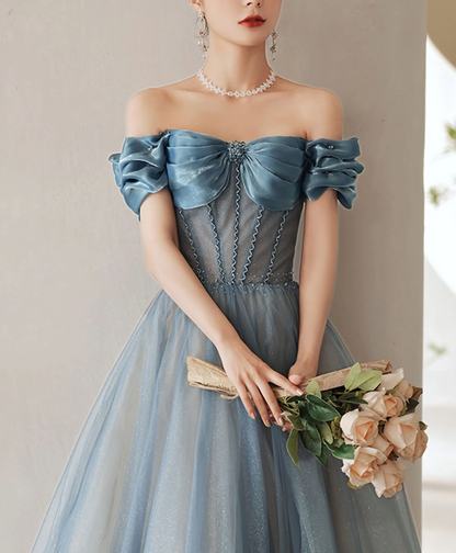 Blue Sweetheart Off Shoulder Tulle Long Prom Dress, Blue Formal Dress Y4255