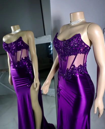 Purple Strapless Satin Lace Appliques Prom Party Dress,Mermaid Sexy Split Evening Dress Y8121