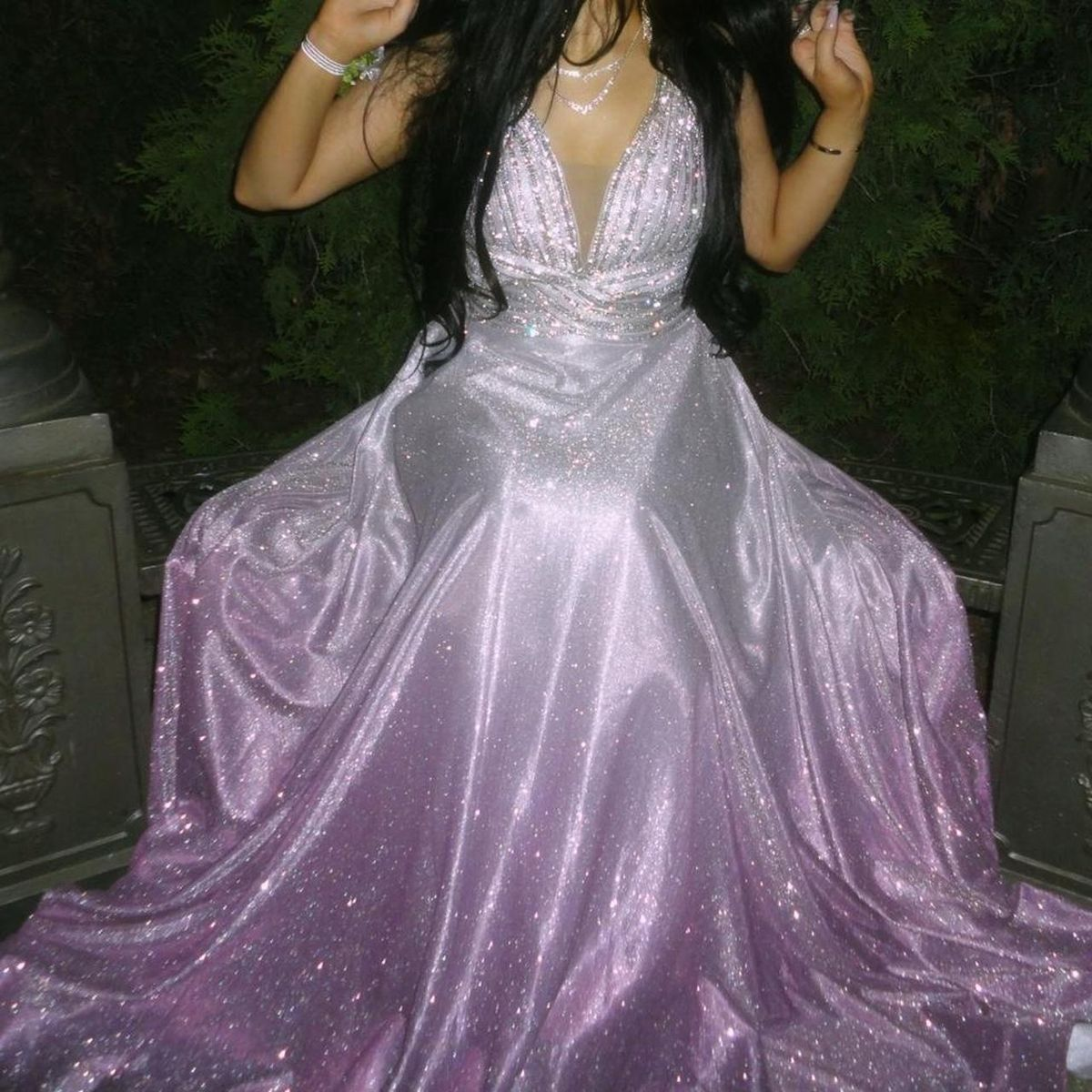 Glitter V Neck Ombre Purple Satin Beaded Sequin Long Wedding Guest Dress Formal Birthday Party Dress SP1073