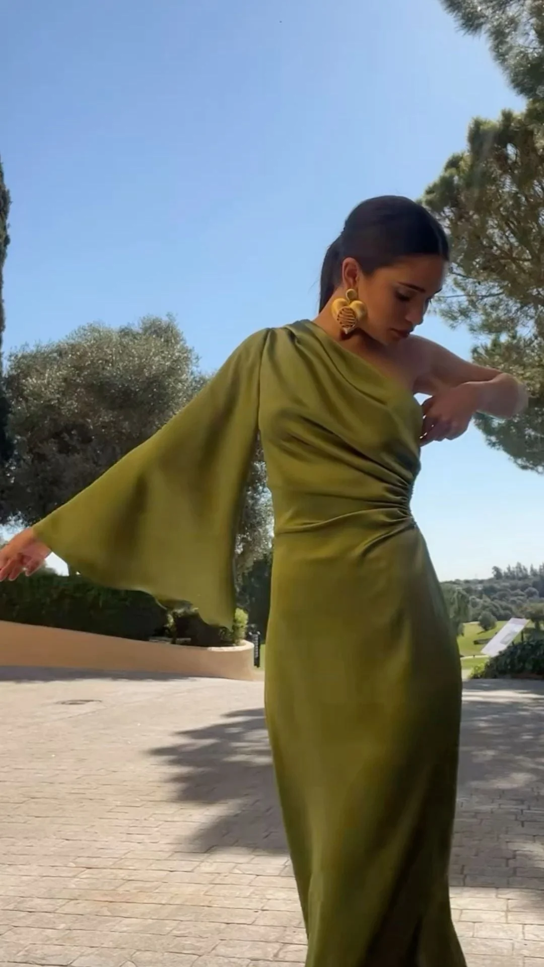Fashion Sheath Olive Green Satin Long Party Dress One Shoulder Long Wedding Guest Dress SP4135