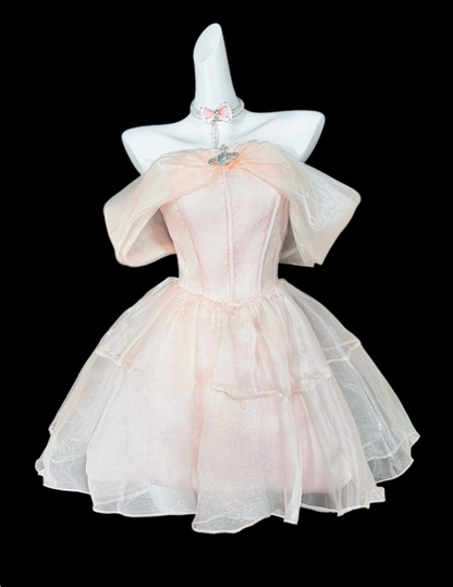 Pretty Light Pink Tulle A Line Short 6th Grade Homecoming Dress,Off The Shoulder Short Prom Dress SP3538