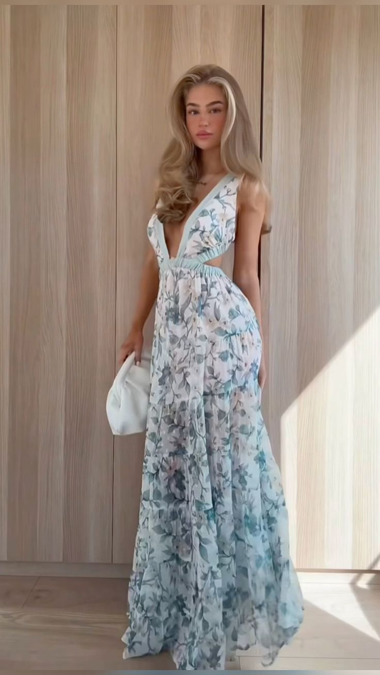 Elegant V Neck Blue Chiffon Printed Floral Long Evening Dress Backless Prom Gown SP1142