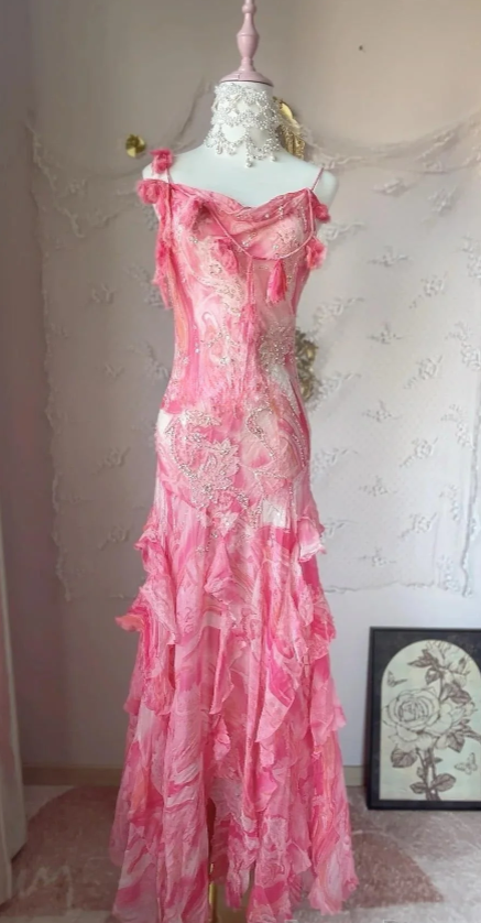 Pink Chiffon Sequin Beaded Ruffled Evening Dress,Long Spaghetti Straps Prom Dress Y8711