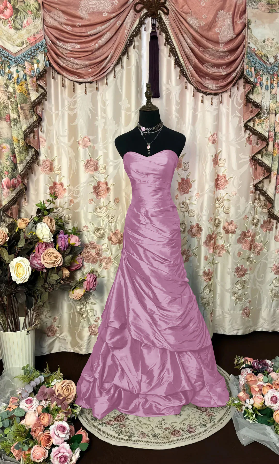 Stylish Strapless Red Satin Pleated Mermaid Evening Dress Long Birthday Prom Dresses SP942