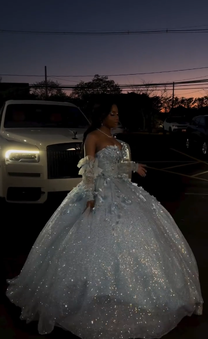 Sparkly Blue Off The Shoulder Tulle Sequin Appliques Quinceanera Dress Formal Sweet 16 Dress SP486