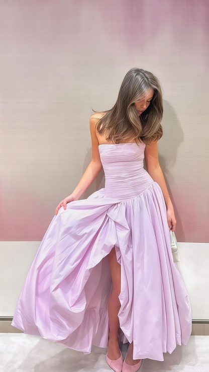 Simple Strapless Lilac Pleated Slit Party Dress,Formal Prom Dress Y8755