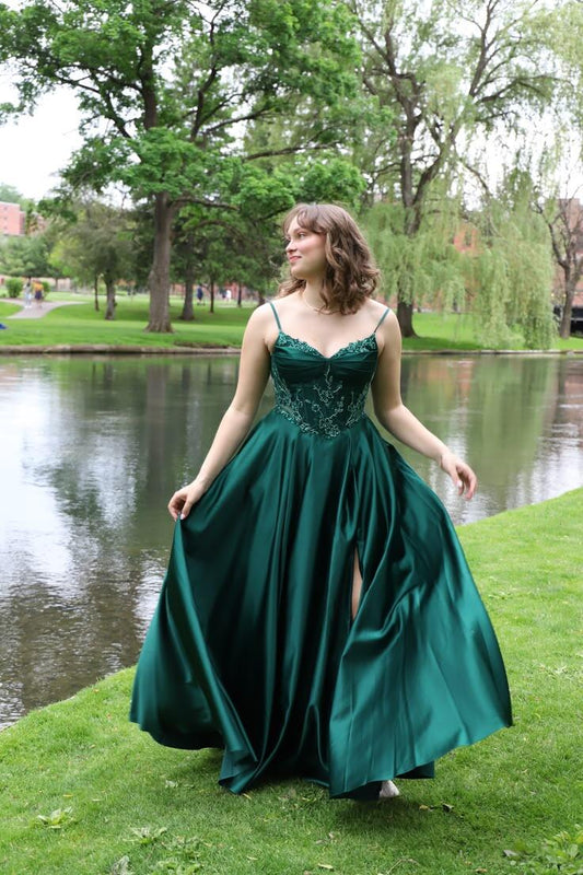 Fashion Green Satin Appliques Slit Long Party Dress Spaghetti Straps Long Wedding Guest Dress SP4251