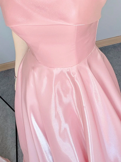 Pretty Pink Strapless Satin A Line Long Party Dress Formal Wedding Guest Dress SP1679