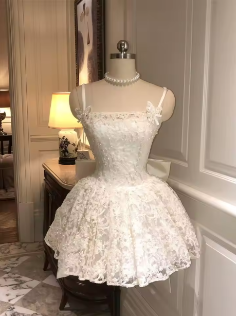 Cute Ivory Lace Mini Homecoming Dress Birthday Dress With Bow Y8796