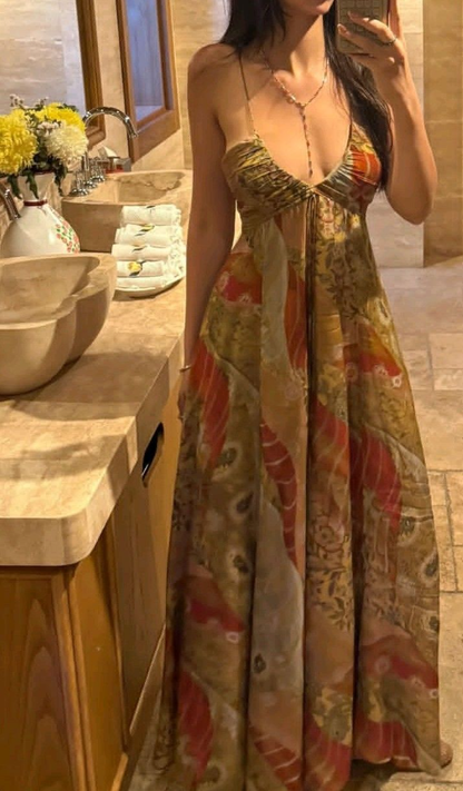 Vintage Spaghetti Straps V Neck Chiffon Print Floral A Line Long Birthday Prom Gown Party Dress SP829