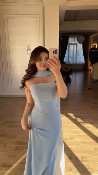 Pretty Strapless Blue Satin Mermaid Long Wedding Guest Dress Evening Dress With Lace Scarf SP1743