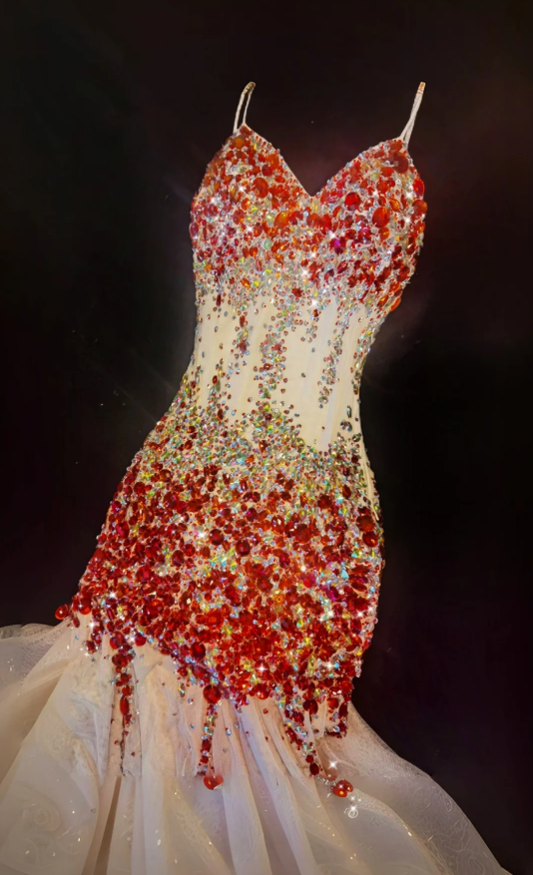 Glamorous Spaghetti Straps V Neck Tulle Beaded Mermaid Evening Dress Formal Prom Gown SP569