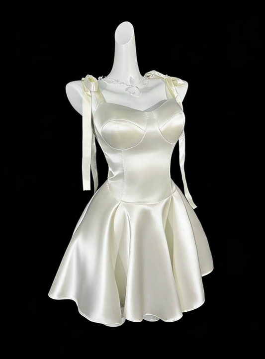 Cute Bow Straps Satin A Line Short Prom Dress,Off White Short 6th Grade Homecoming Dress SP3504
