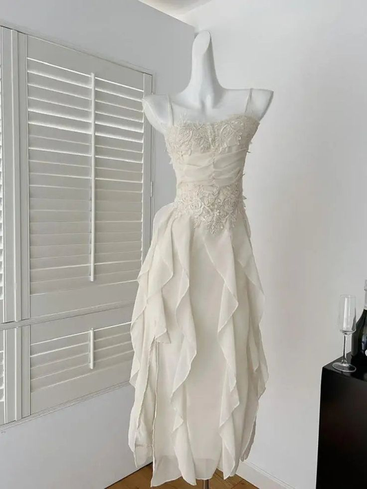 Simple White Spaghetti Straps Chiffon Appliques Party Dress Birthday Outfits Y8916