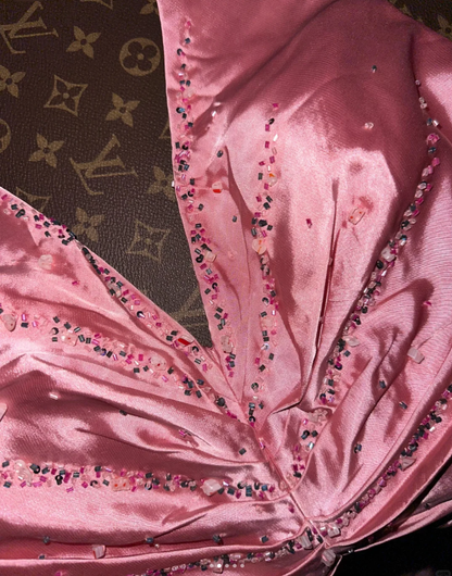 Cute V Neck Pink Halter Satin Beaded Mermaid Party Dress Long Wedding Guest Dress SP681