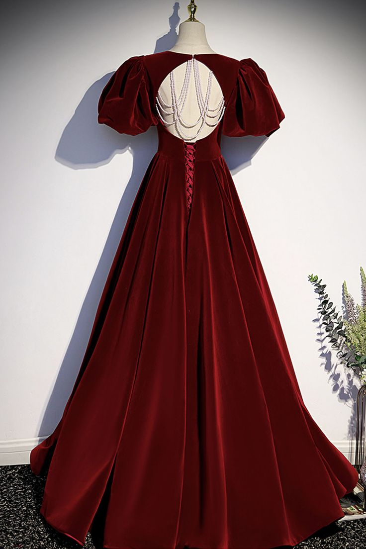 Burgundy velvet long prom dress evening dress Y6348