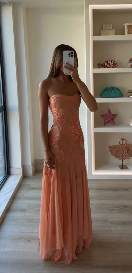 Classy Strapless Coral Peach Chiffon Appliques Mermaid Long Party Dress Birthday Prom Gown SP4023