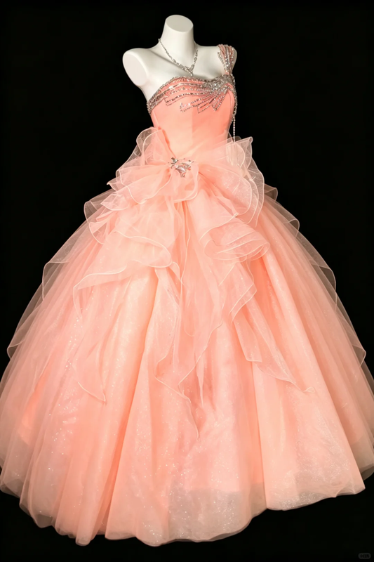 Dreamy Blush Peach One Shoulder Princess Ball Dress Sparkly Rhinestone Bodice Big Ruffle Bow Tulle Quinceanera Dress SP2733