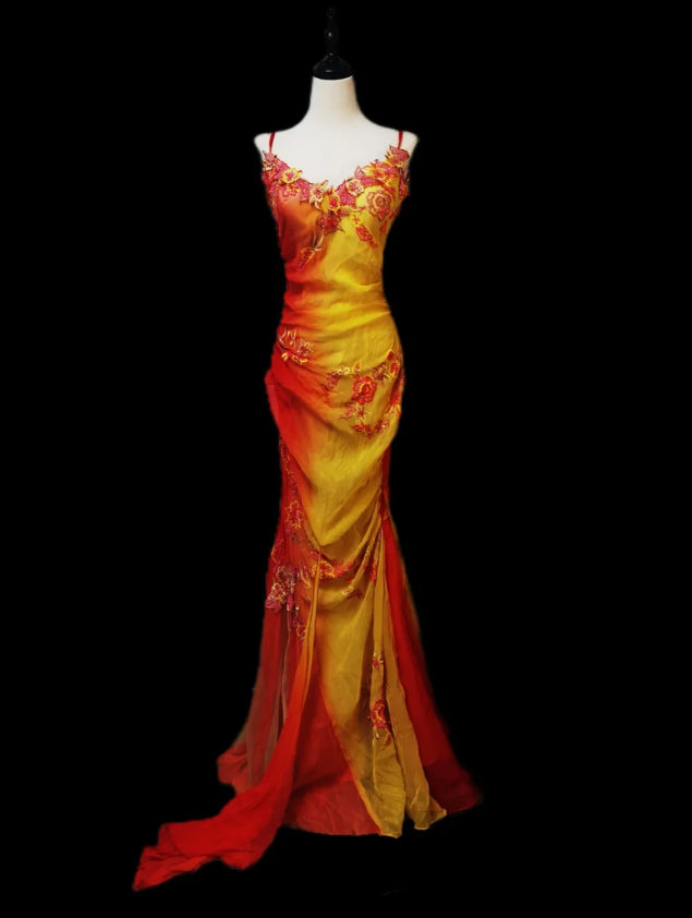 Pretty Spaghetti Straps Ombre Chiffon Pleated Appliques Mermaid Evening Dress Prom Gown SP563