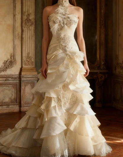 Vintage White Halter Satin Tulle Beaded Mermaid Long Wedding Dress SP666