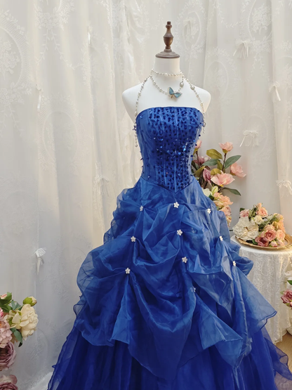 Elegant Royal Blue Ball Gown Strapless Satin Tulle Pleated Sequin Beaded Long Party Dress Birthday Dress SP2263
