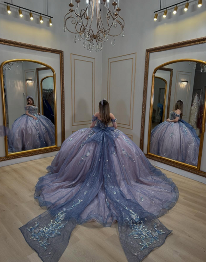 Gorgeous Off The Shoulder Purple Tulle Sequin Appliques Beaded Princess Quinceanera Dress Sweet 16 Dress SP1031