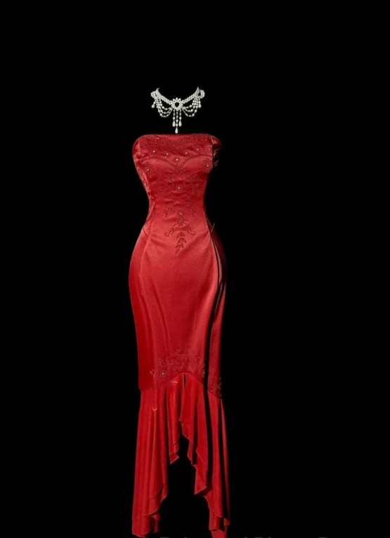 Fashion Sweetheart Neck Red Satin Beaded Mermaid Prom Gown Long Party Dress SP364