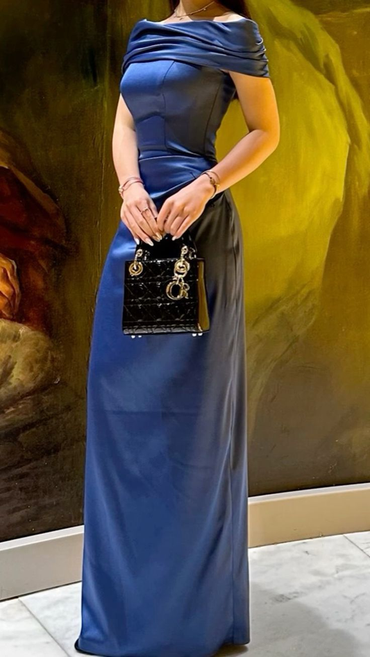 Elegant Off The Shoulder Navy Blue Satin Sheath Long Party Dress Birthday Prom Dresses SP4242