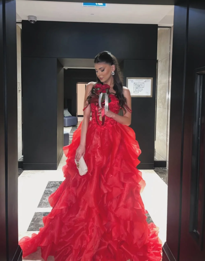 Charming Red Off The Shoulder Tulle Ruffles Long Party Dress Prom Gown With Beaded SP497