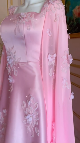 Luxury Pink Satin Long A Line Evening Dress Pretty Appliques Prom Dress  Y7591