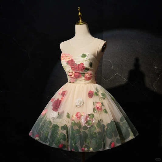 Pretty Champagne Tulle Flowers A Line Short 16th Birthday Outfits Formal Homecoming Dress Y9530