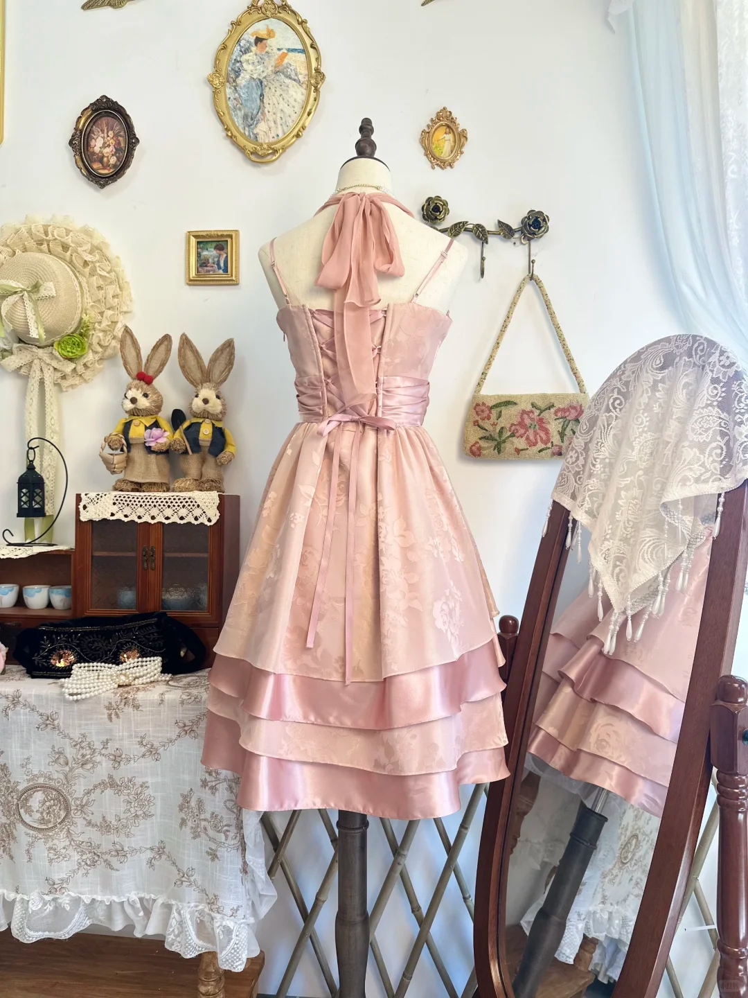 Elegant Halter Pink Satin Print Floral Layered A Line Short Homecoming Dress Birthday Outfits Y9498