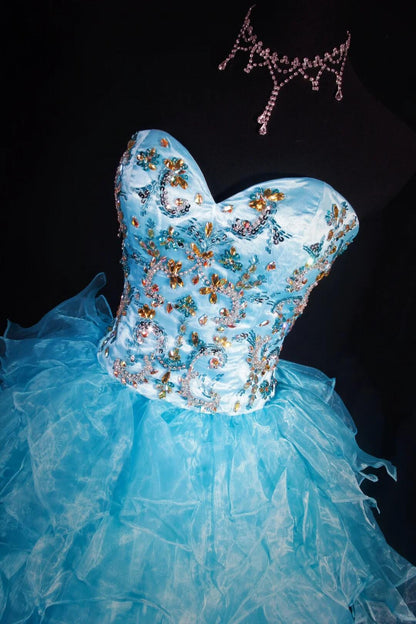 Pretty Sweetheart Neck Satin Tulle Beaded Short Birthday Outfits,Light Blue A Line Short Homecoming Dress SP2833