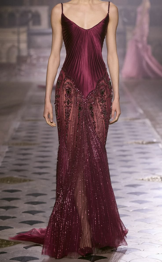 Unique Spaghetti Straps V Neck Satin Tulle Beaded Mermaid Prom Dress Dark Fuchsia Long Party Gowns SP2279